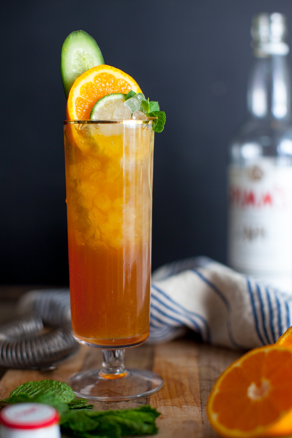 Pixie Pimm's Cup standing tall in a fancy stemmed collins glass.