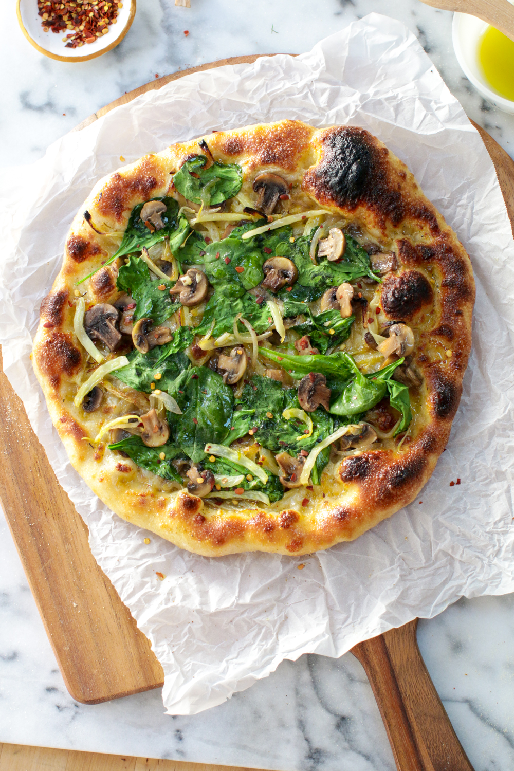 This is what the Garlic & Fennel Mushroom Pizza looks like after just a few minutes on the Baking Steel in a home oven.