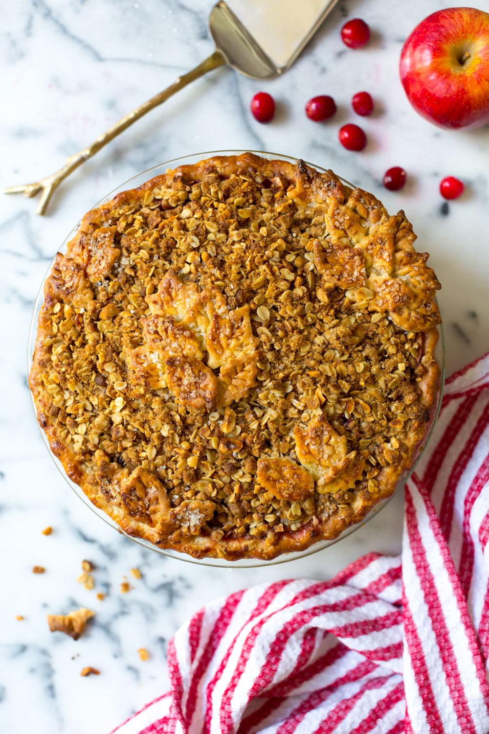 Cranberry Apple Brown Butter Crumble Pie all baked up and ready to go.