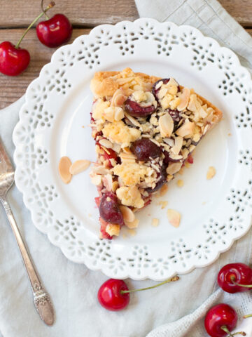 Cherry Almond Shortbread Crumble Tart