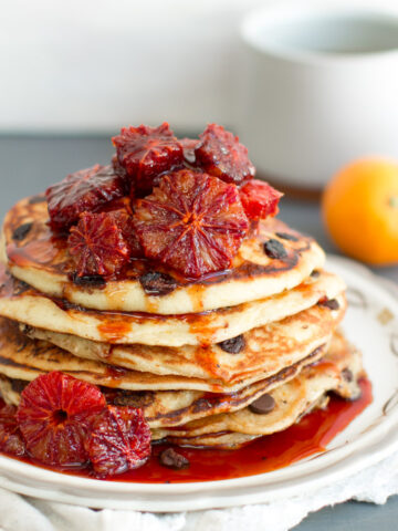 Ricotta Chocolate Chip Pancakes with Blood Orange Compote