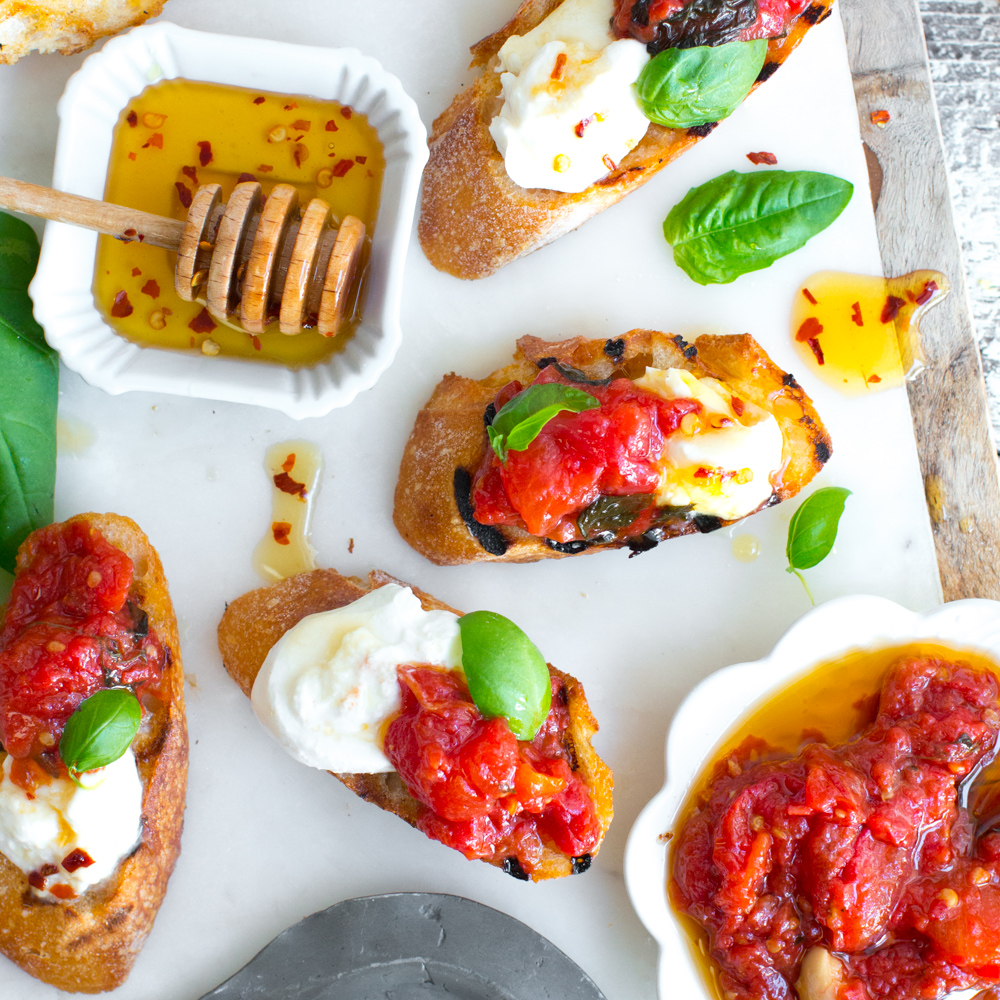 Tomato Confit & Burrata Crostini.