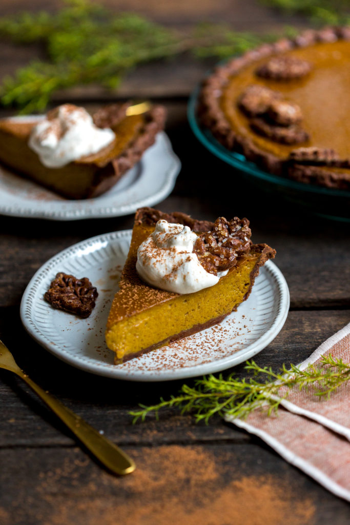A slice of Maple Pumpkin Pie With A Chocolate Crust