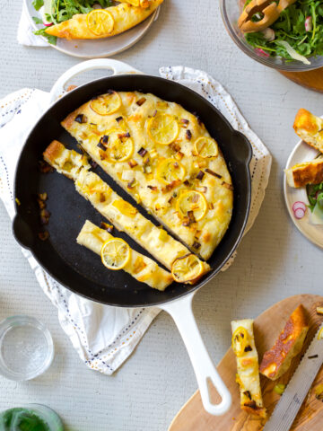 Leek Lemon and Thyme Skillet Focaccia by Baking The Goods