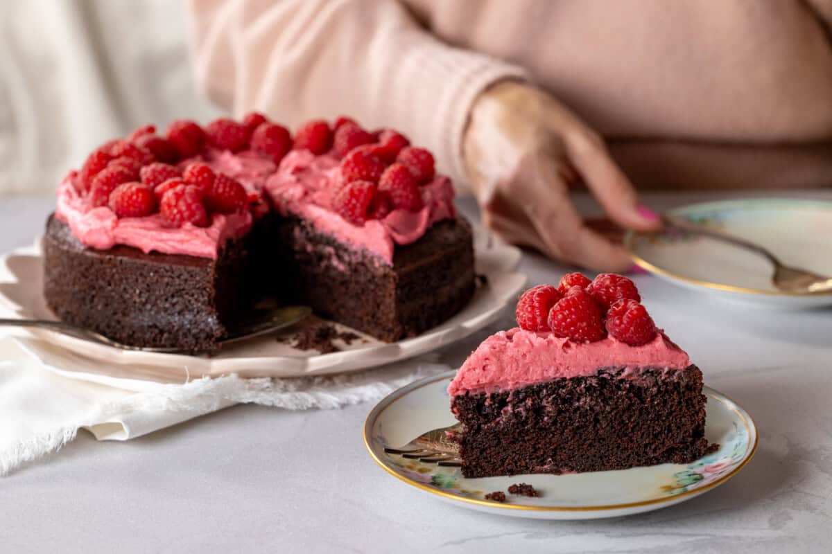 Chocolate Cake with Raspberries & Cream Cheese Frosting